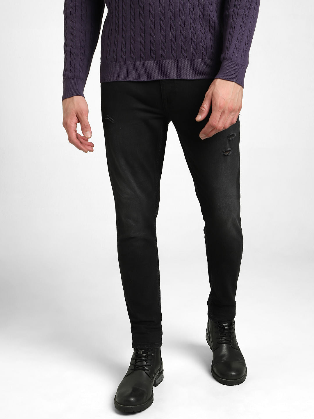 Black Mid Rise Distressed Slim Fit Jeans