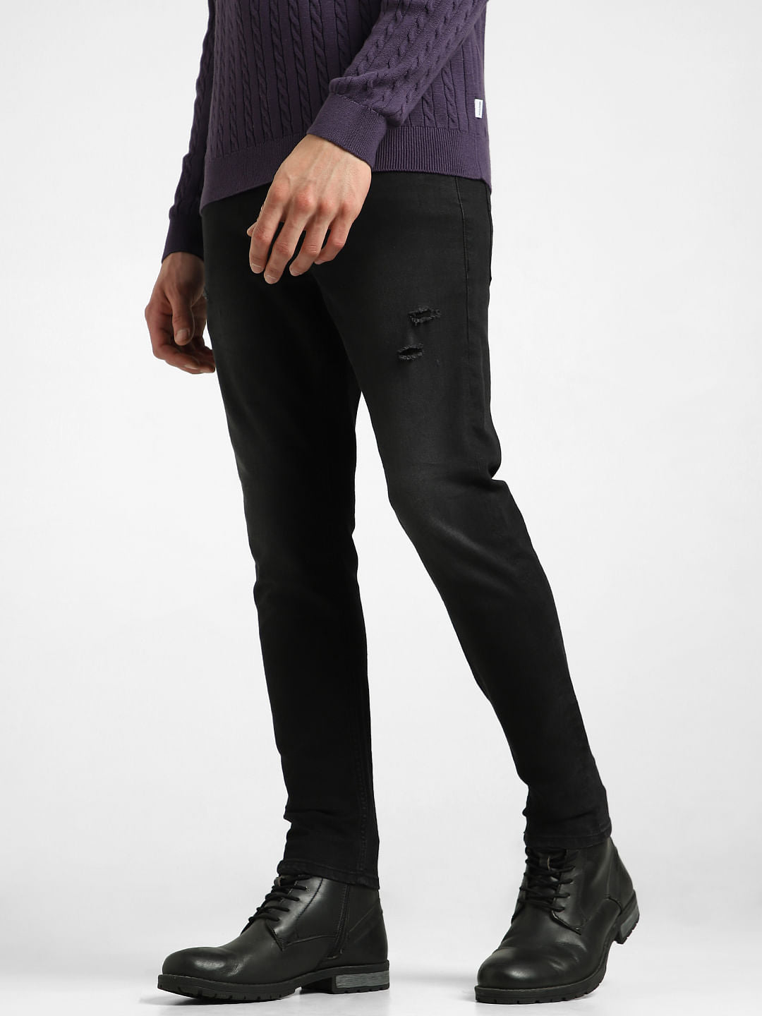 Black Mid Rise Distressed Slim Fit Jeans
