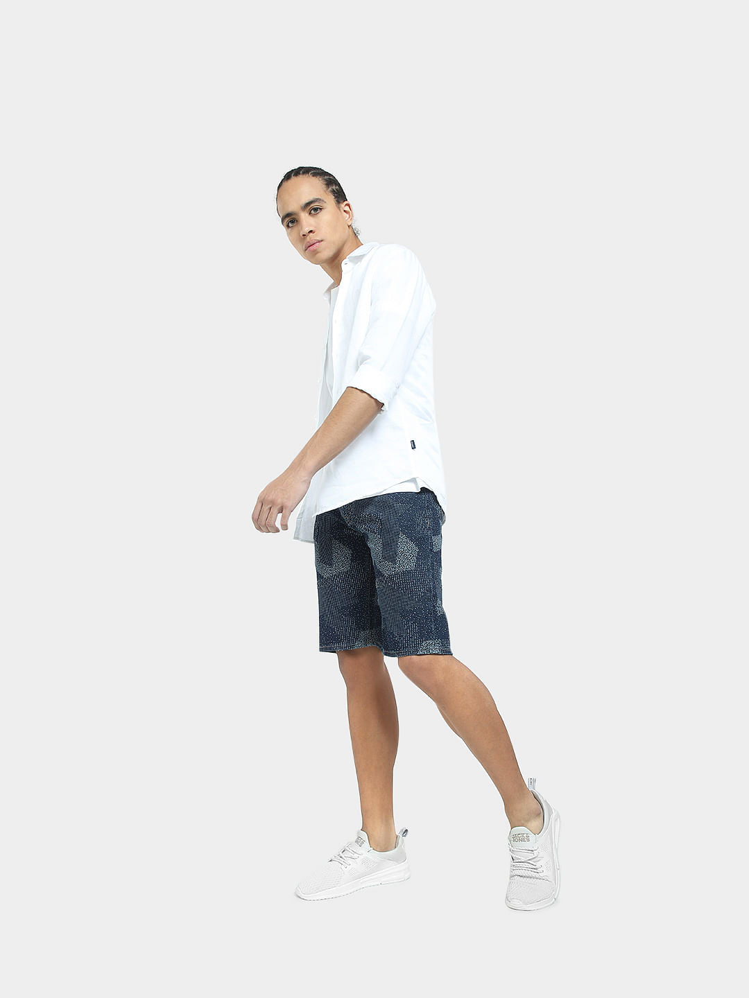 Dark Blue Mid Rise Printed Denim Shorts