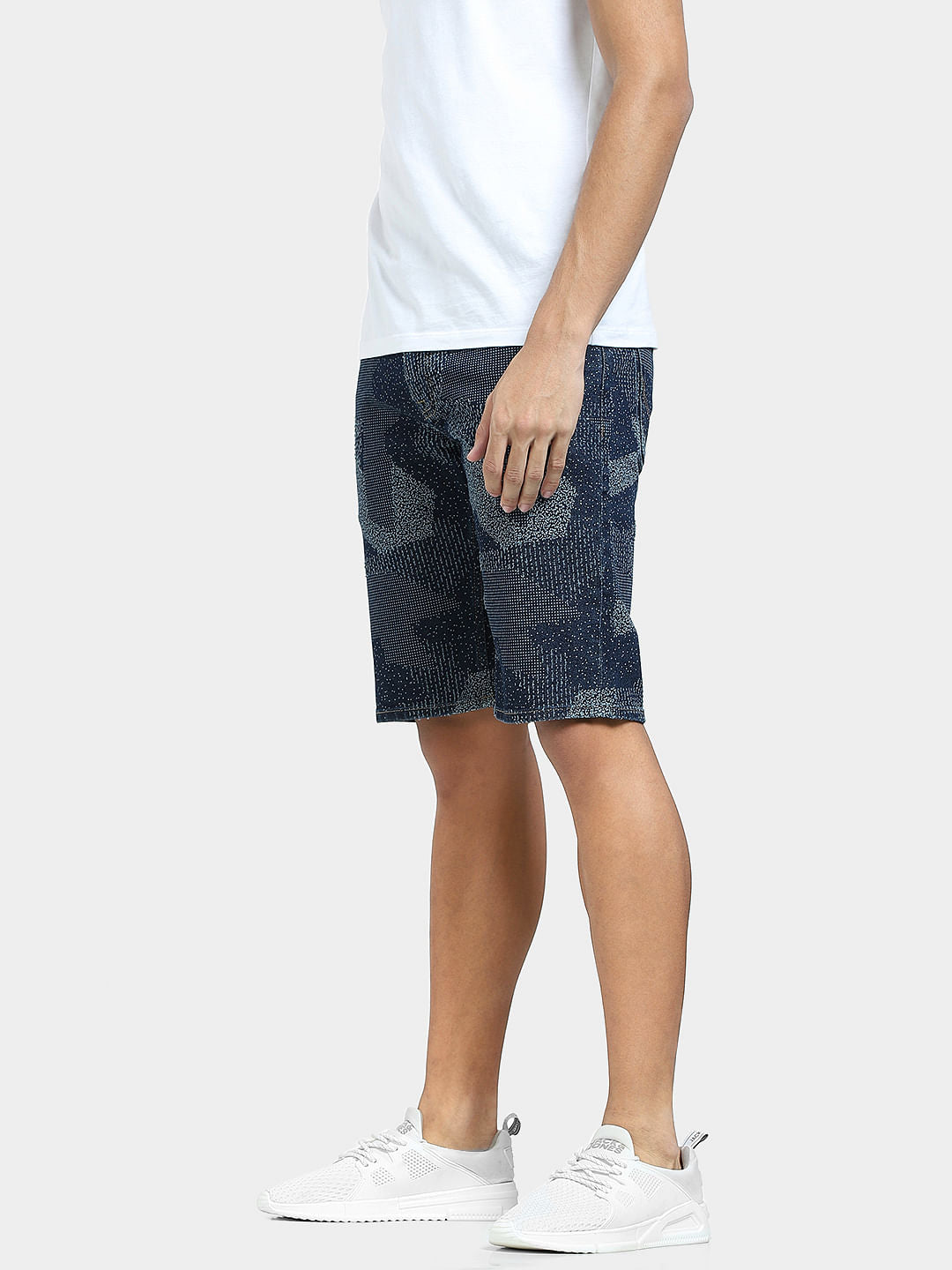 Dark Blue Mid Rise Printed Denim Shorts