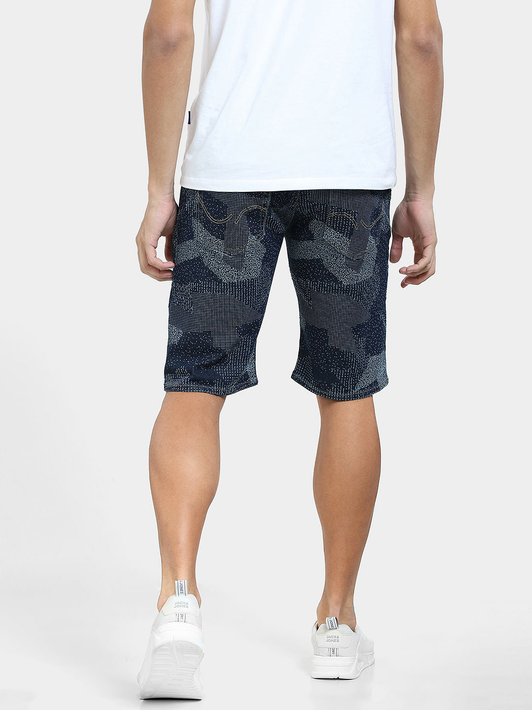 Dark Blue Mid Rise Printed Denim Shorts
