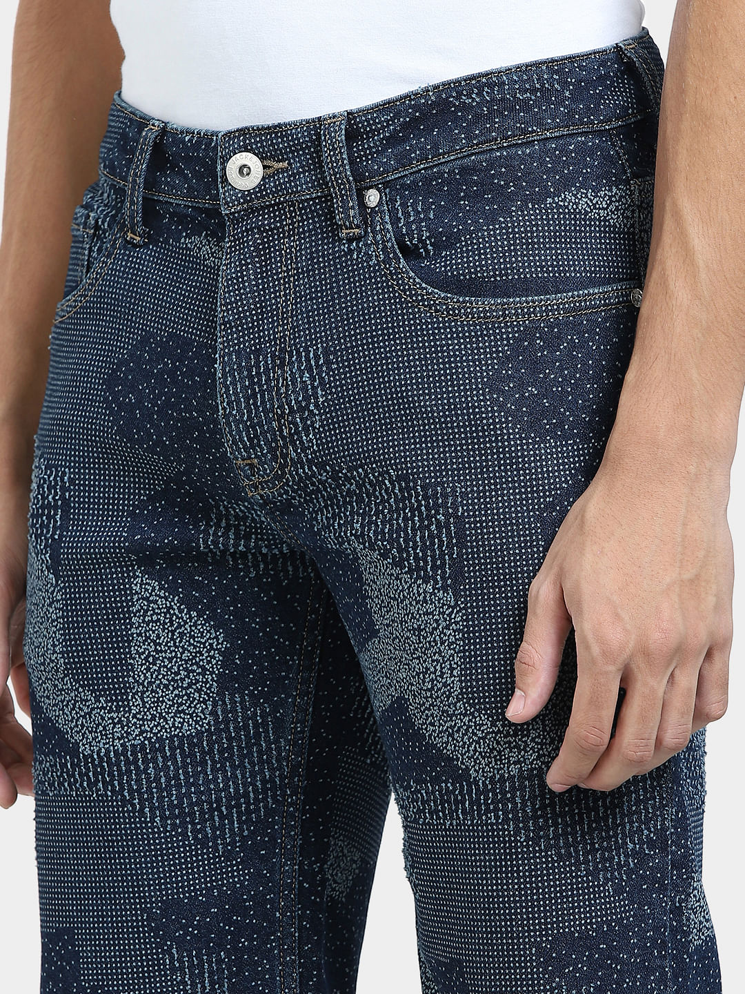 Dark Blue Mid Rise Printed Denim Shorts