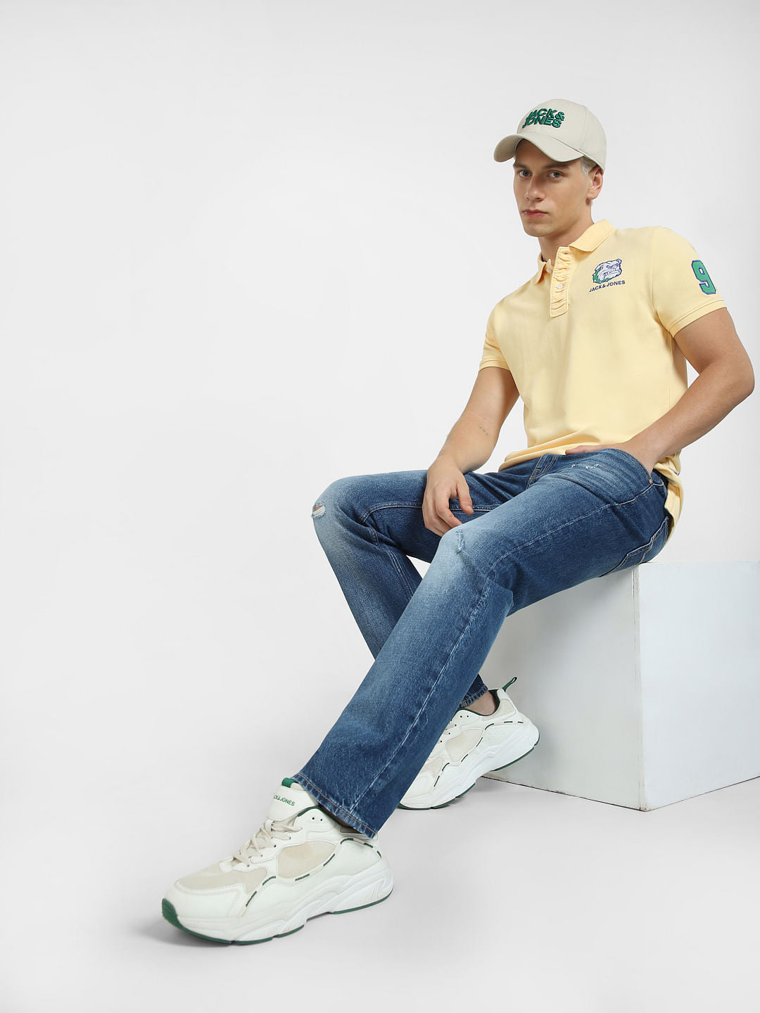 Blue Mid Rise Distressed Clark Regular Fit Jeans