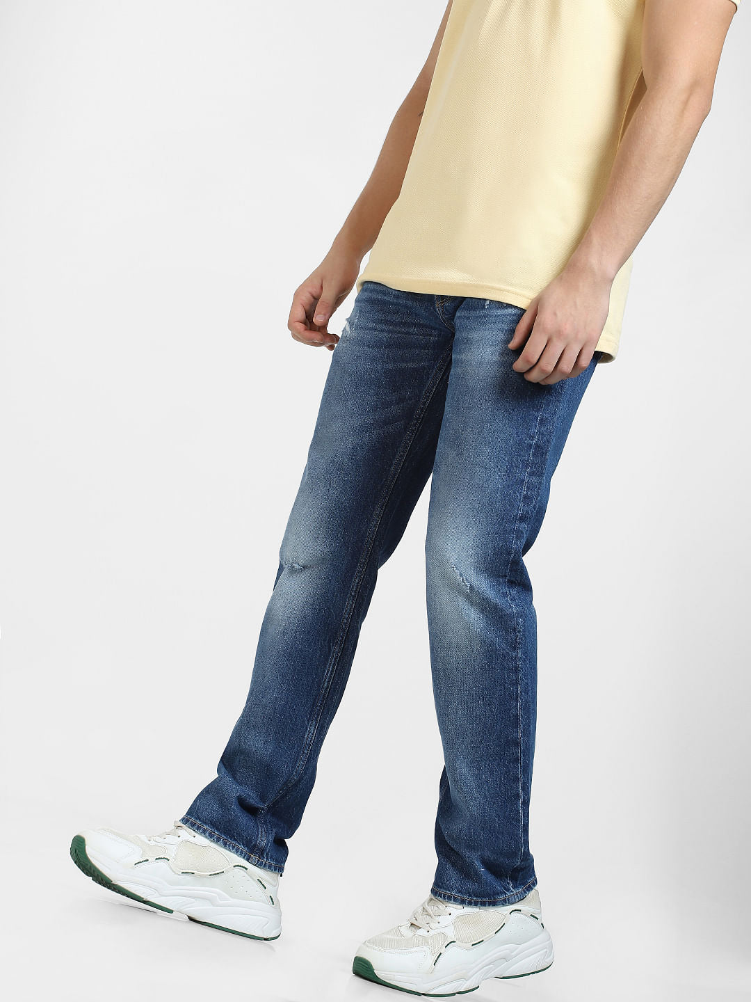 Blue Mid Rise Distressed Clark Regular Fit Jeans