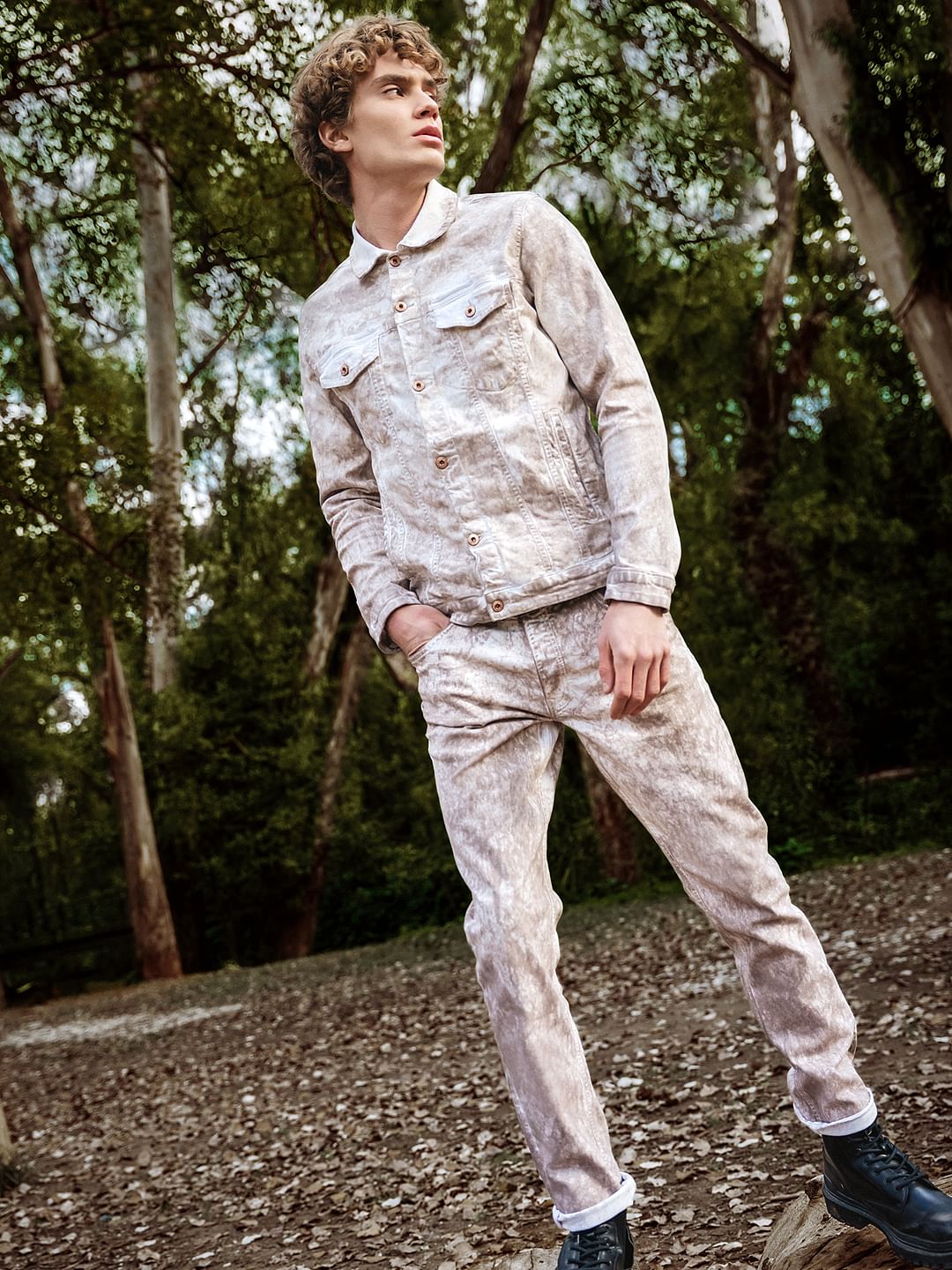 Beige Printed Co-ord Denim Jacket