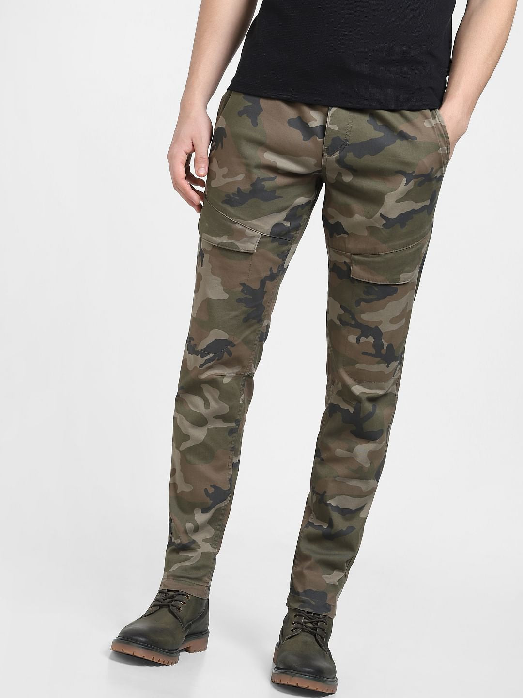 Green Mid Rise Camo Print Cargo Pants