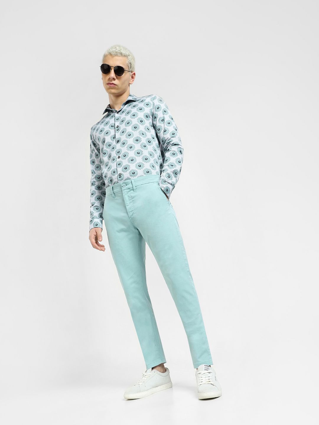 Blue Mid Rise Regular Fit Pants