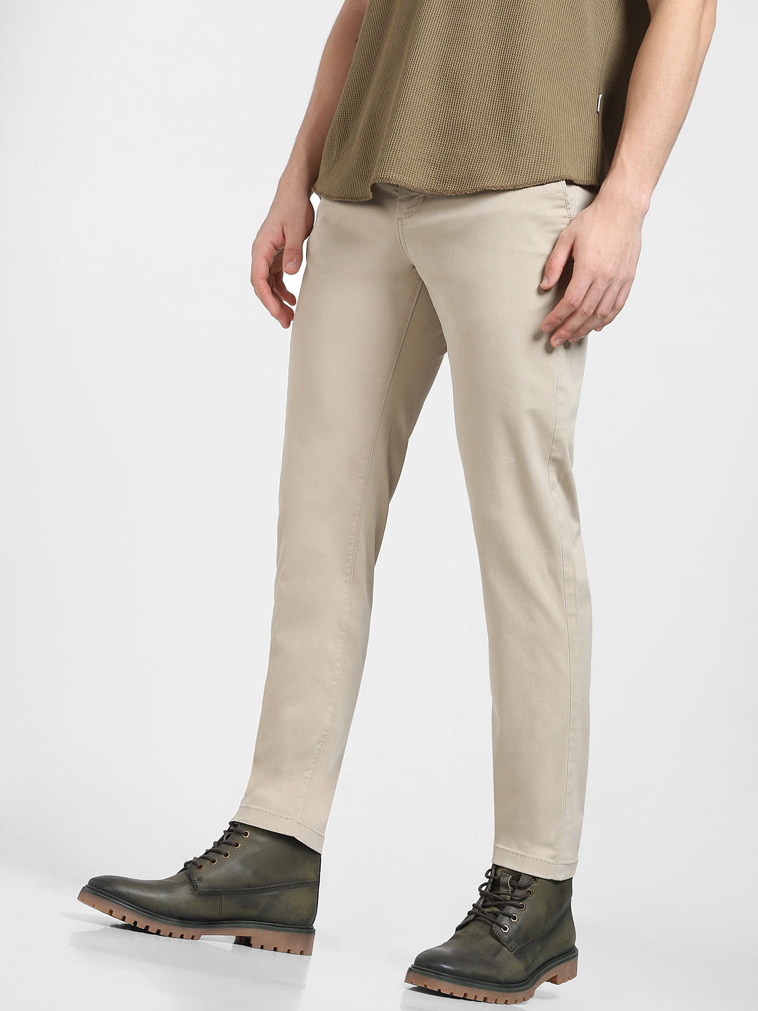 Khaki Mid Rise Regular Fit Pants