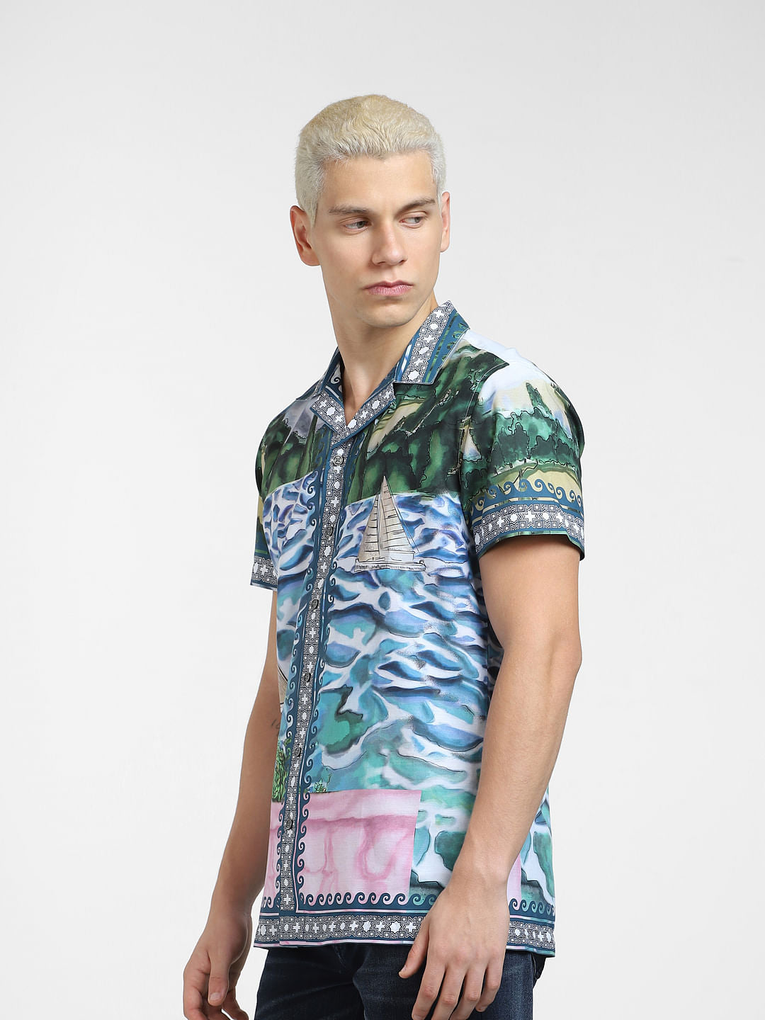 Blue Printed Short Sleeve Shirt