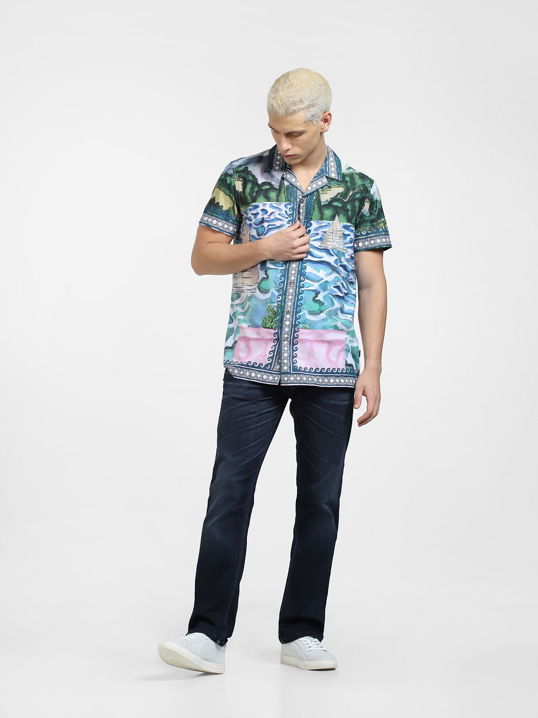 Blue Printed Short Sleeve Shirt