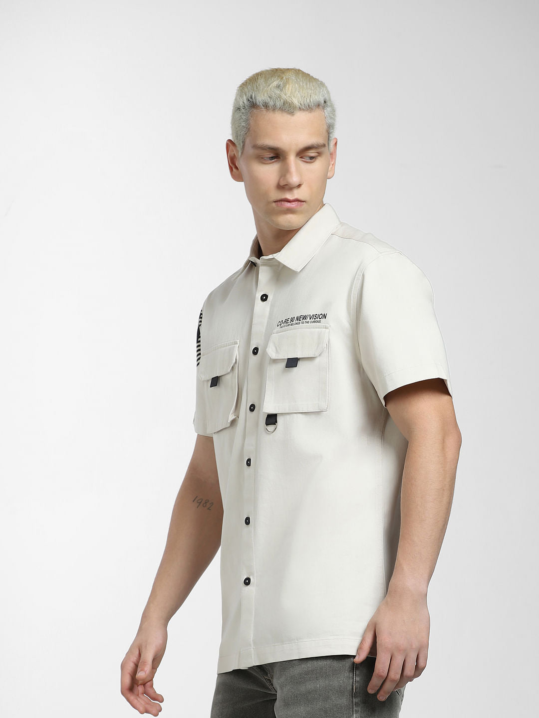 Beige Printed Short Sleeve Shirt