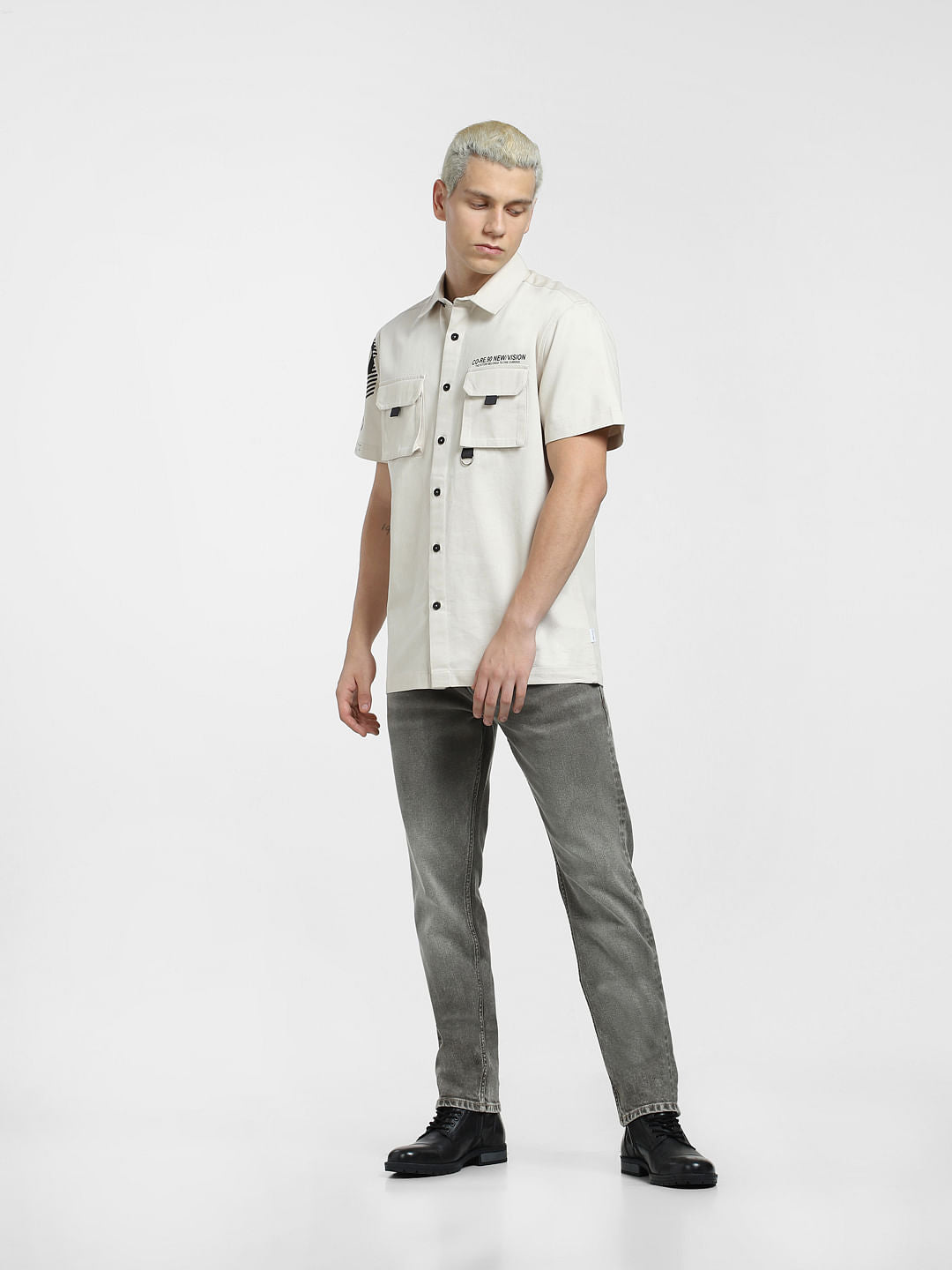 Beige Printed Short Sleeve Shirt