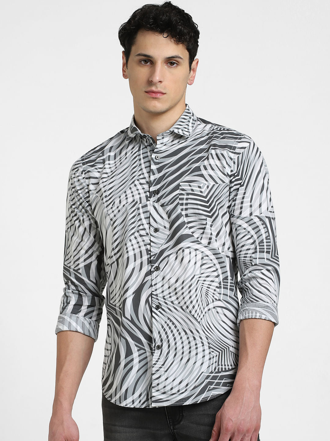 White Abstract Print Full Sleeves Shirt
