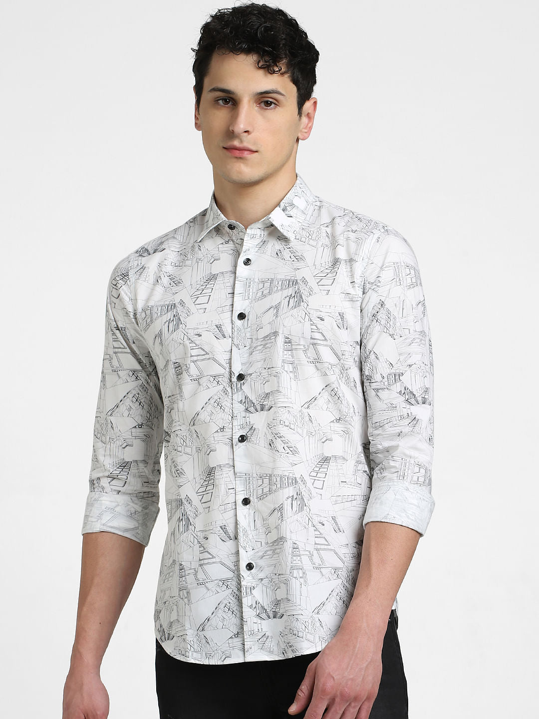White Abstract Print Full Sleeves Shirt