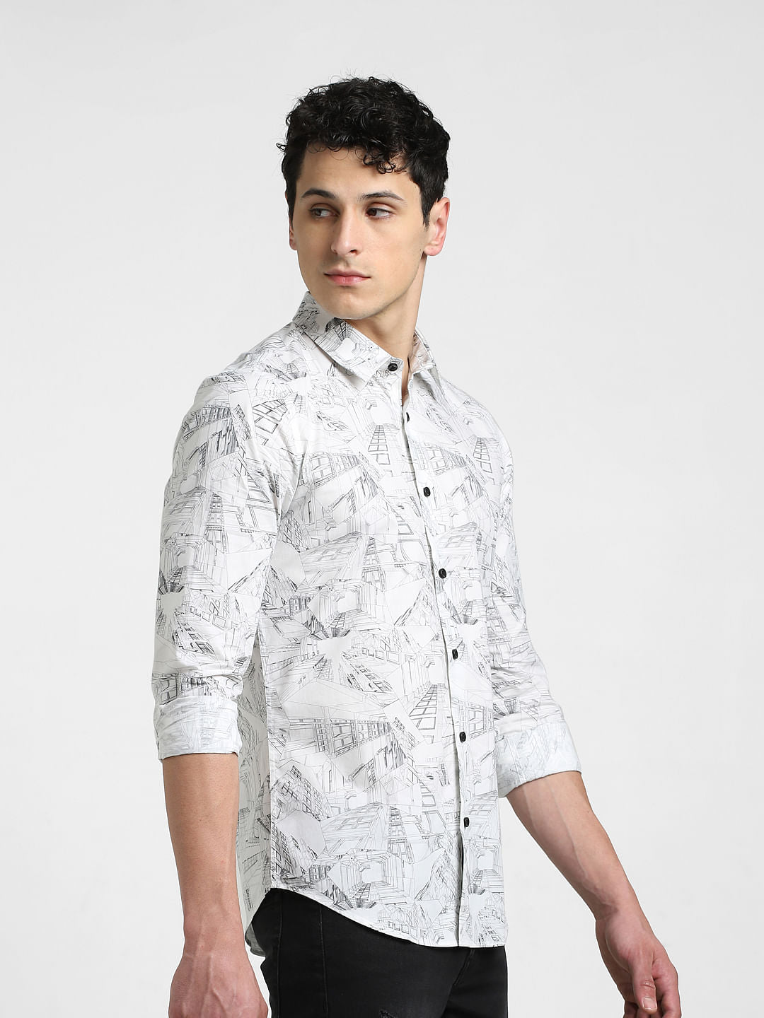 White Abstract Print Full Sleeves Shirt
