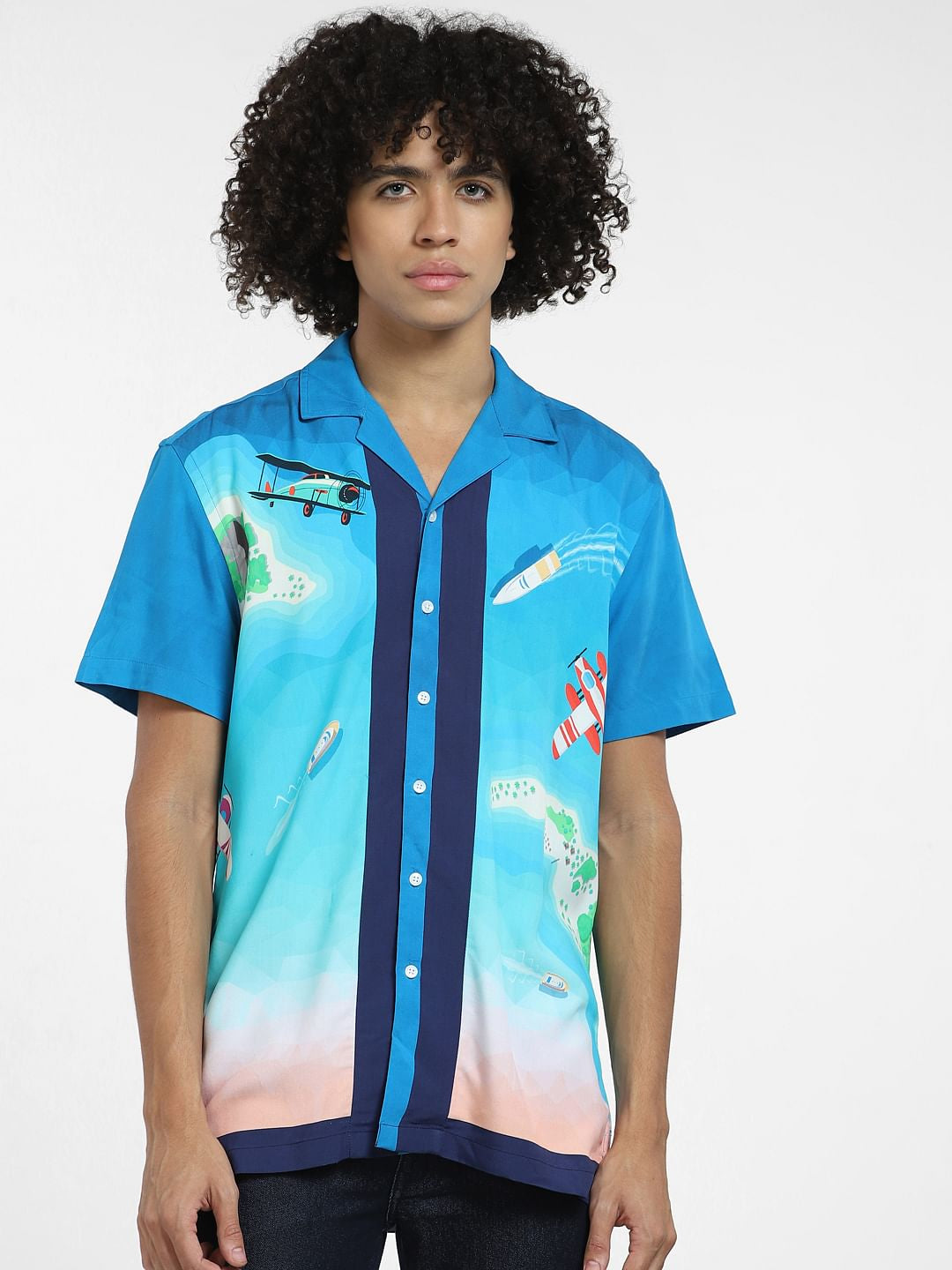Blue Abstract Print Short Sleeves Shirt