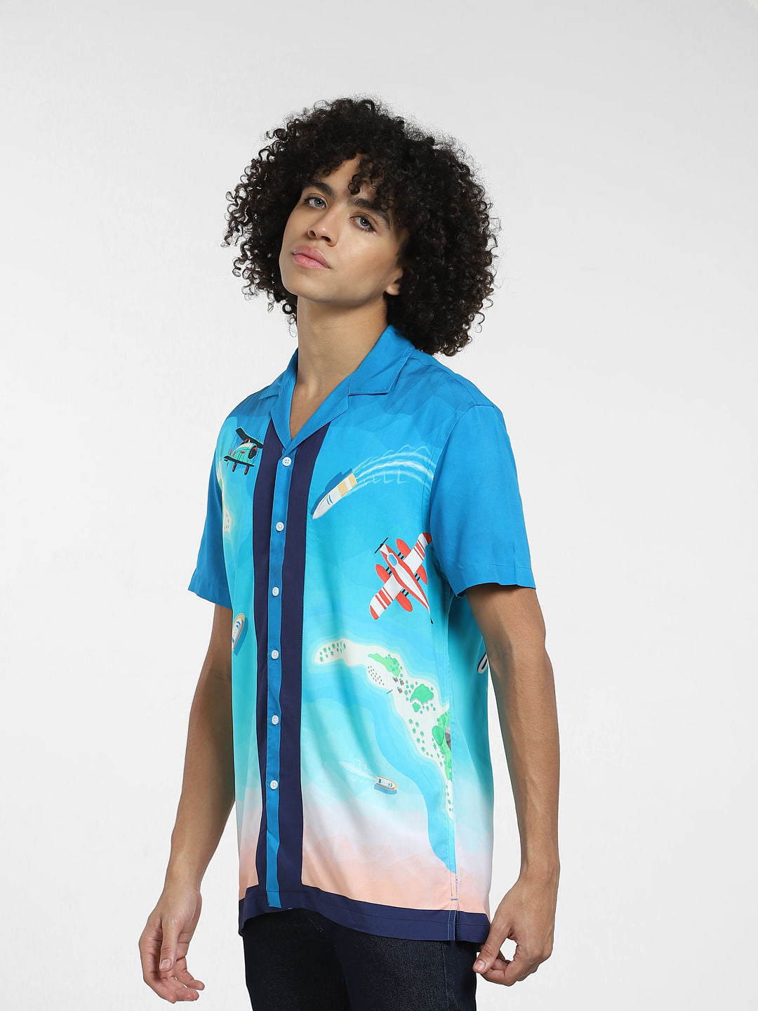 Blue Abstract Print Short Sleeves Shirt