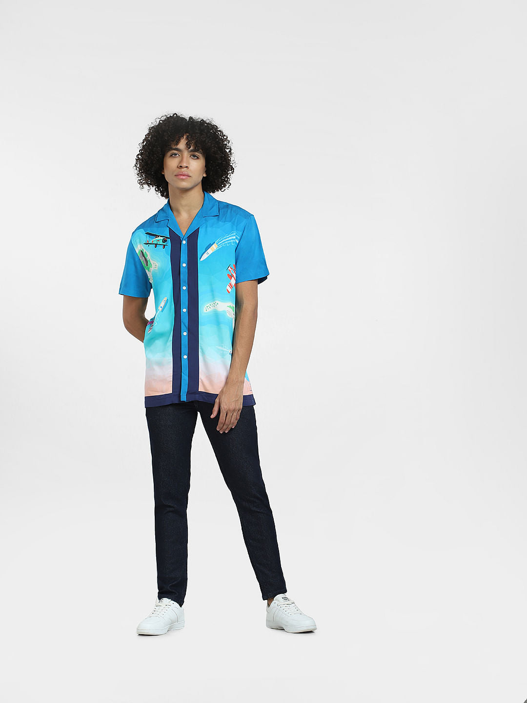 Blue Abstract Print Short Sleeves Shirt