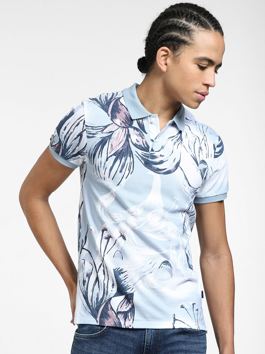 Grey Floral Polo Neck T-shirt