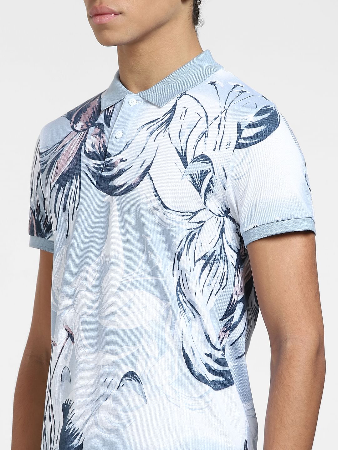 Grey Floral Polo Neck T-shirt
