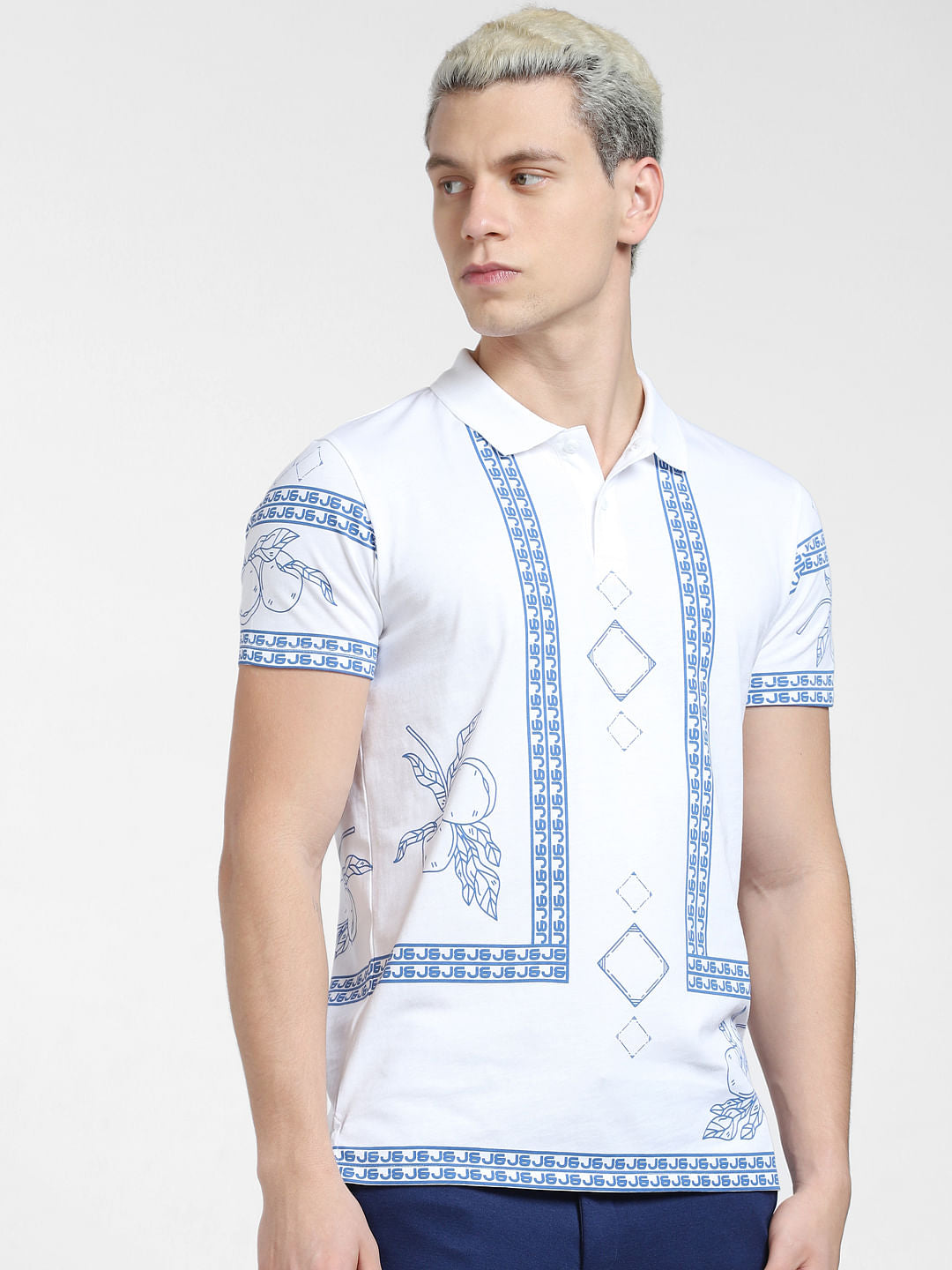 White Printed Polo Neck T-shirt