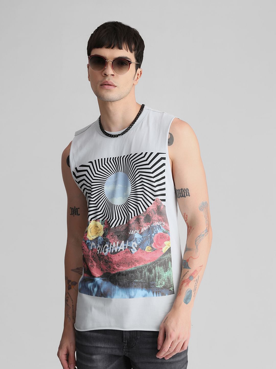 Light Blue Graphic Print Crew Neck Vest