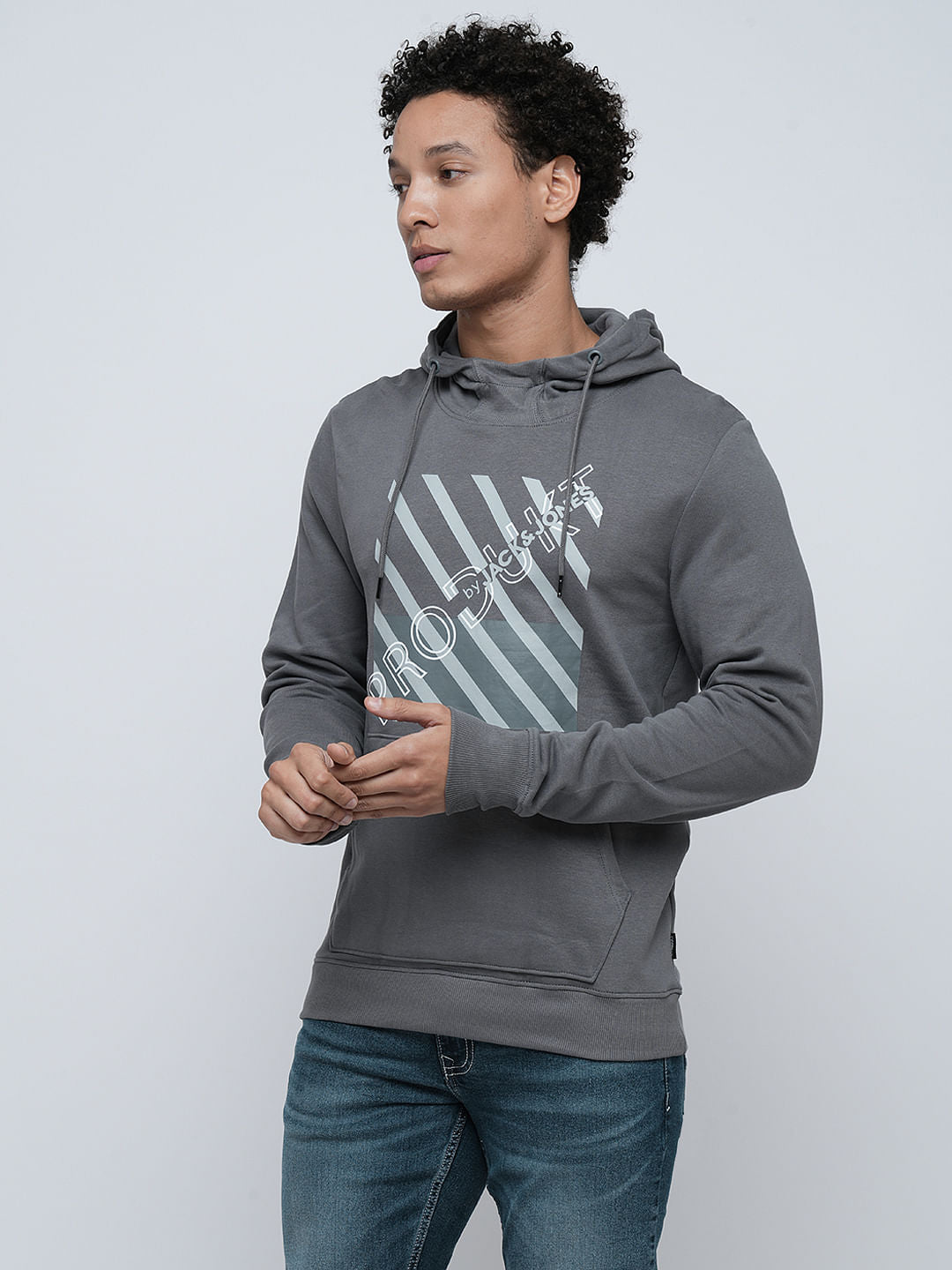 PRODUKT by JACK&JONES Grey Printed Hooded Sweatshirt
