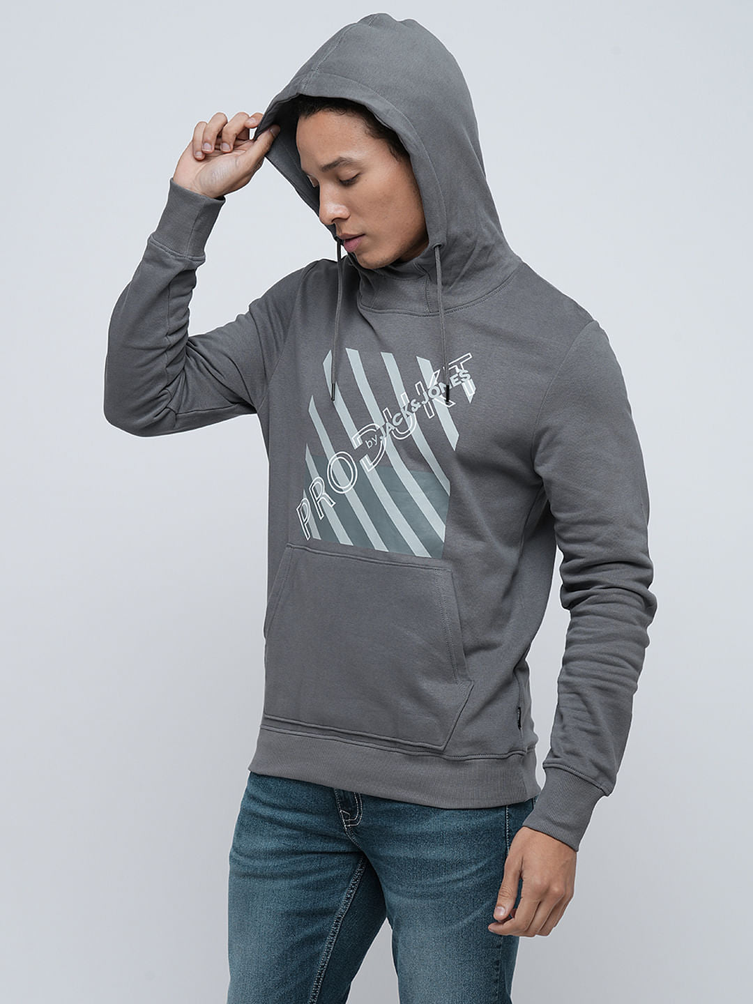 PRODUKT by JACK&JONES Grey Printed Hooded Sweatshirt