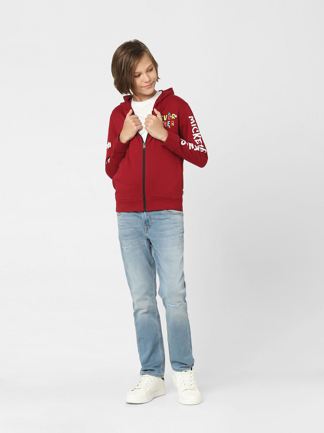 Boys Red Mickey Print Zip-Up Sweatshirt