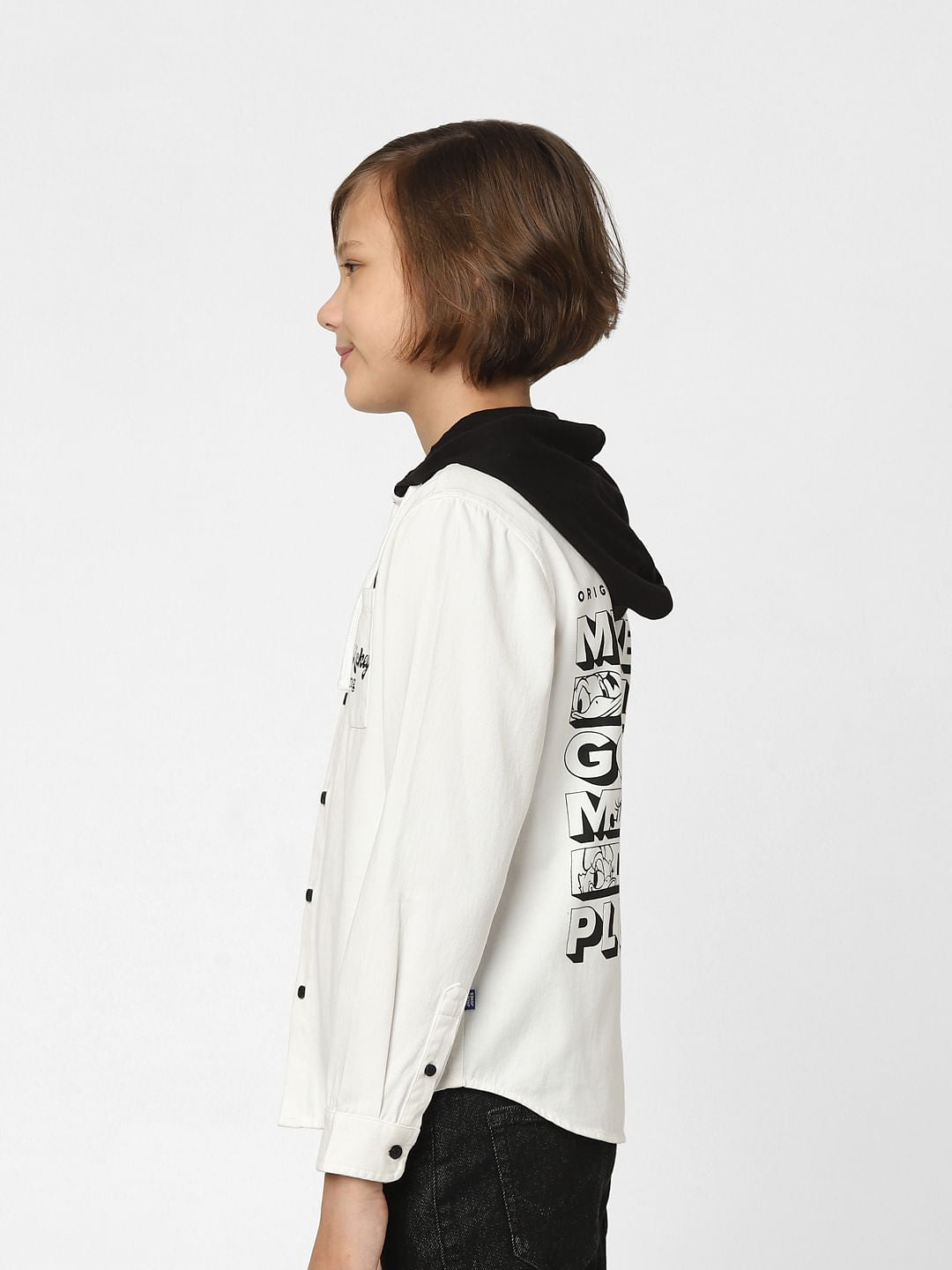 Boys White Mickey Print Hooded Shirt