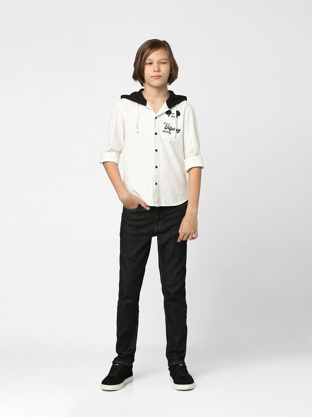 Boys White Mickey Print Hooded Shirt