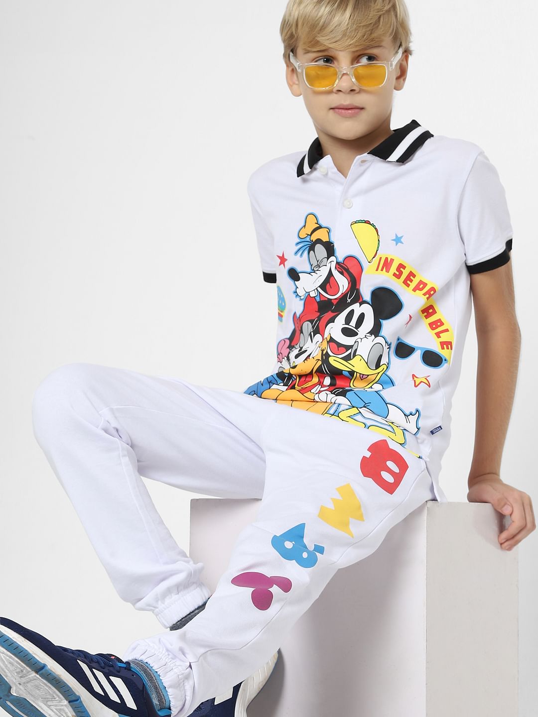 Boys White Printed Sweatpants