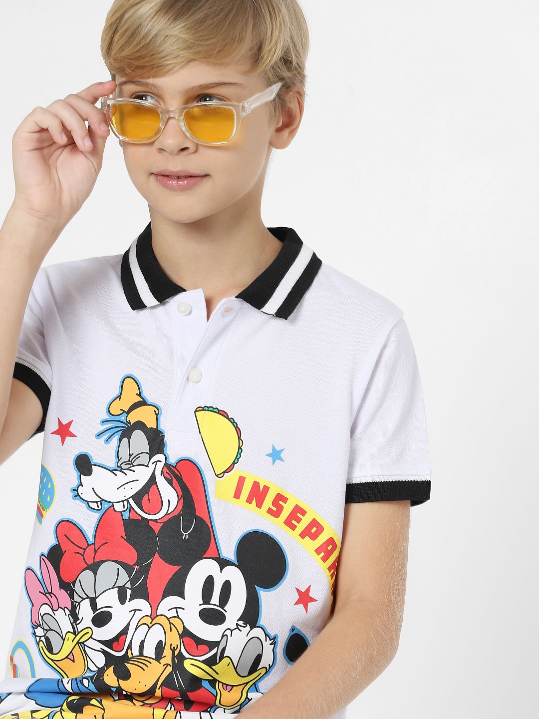 Boys White Mickey Print Polo T-shirt