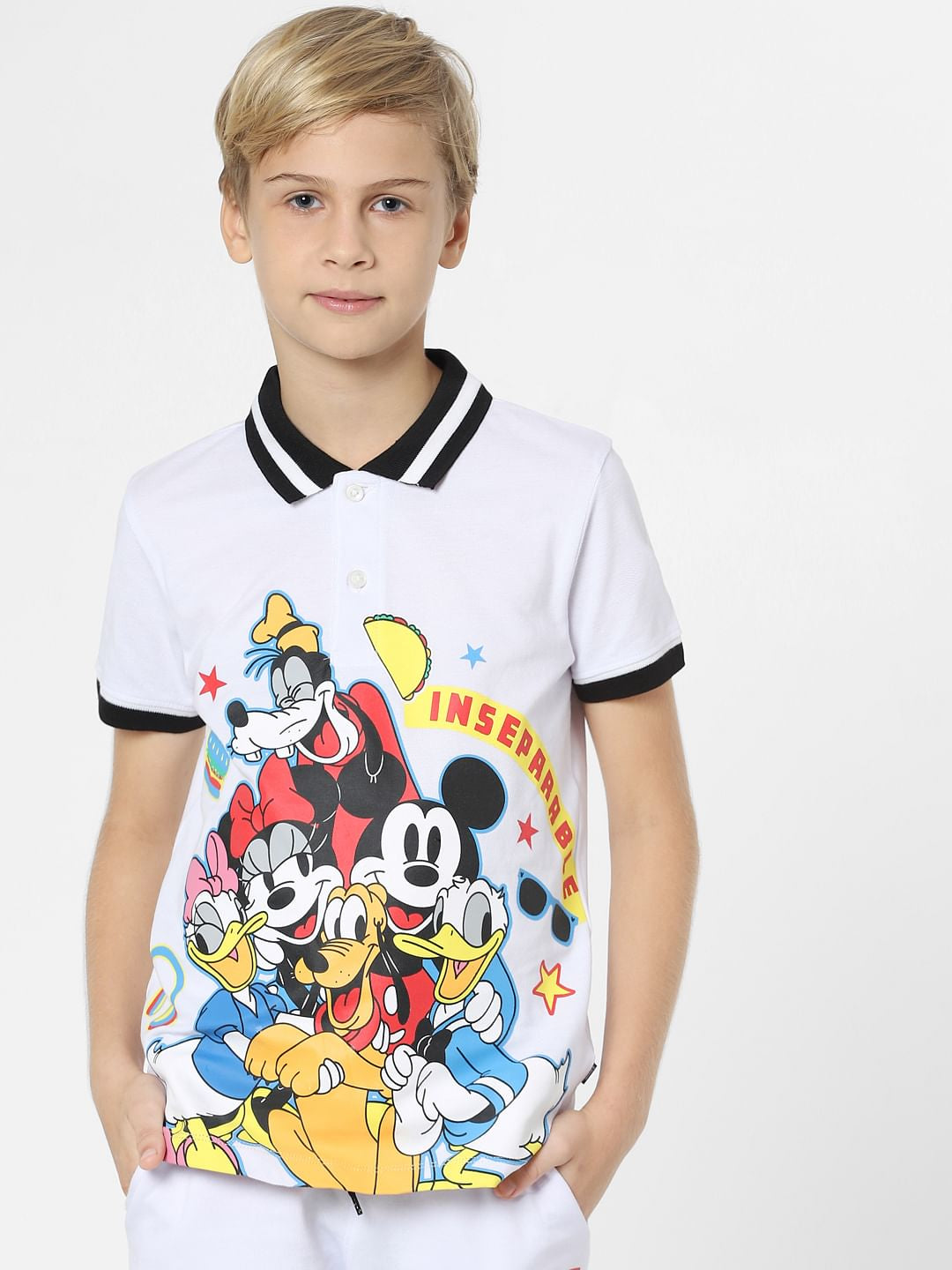Boys White Mickey Print Polo T-shirt