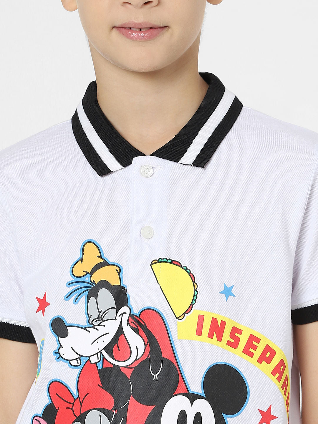 Boys White Mickey Print Polo T-shirt