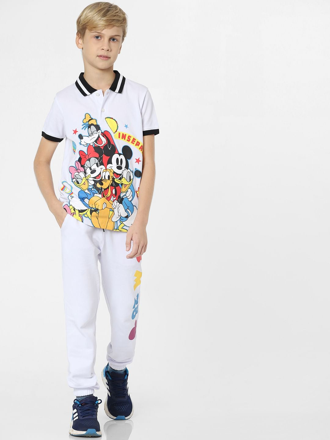 Boys White Mickey Print Polo T-shirt