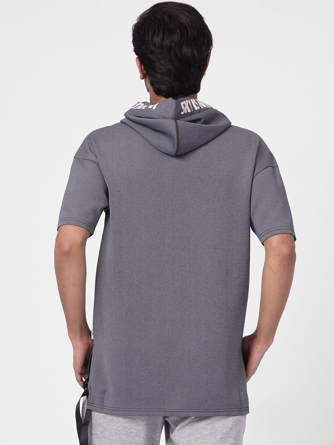 Grey Hooded Pocket Print Sweatshirt