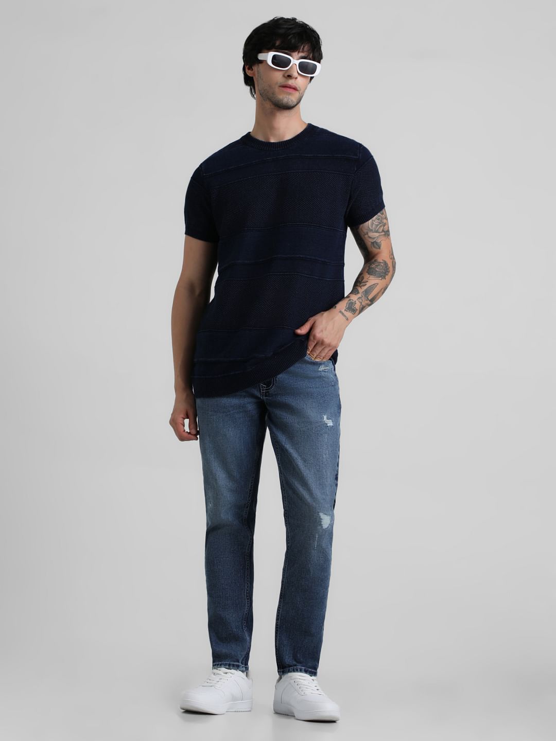 Blue Mid Rise Distressed Brak Slim Jeans