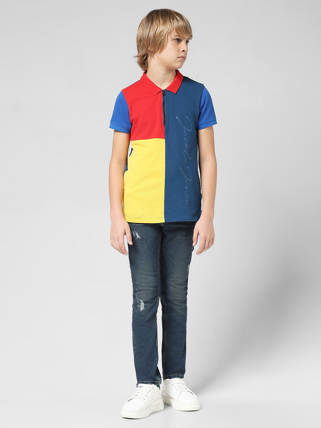 JUNIOR BOYS Blue Colourblocked Polo T-shirt