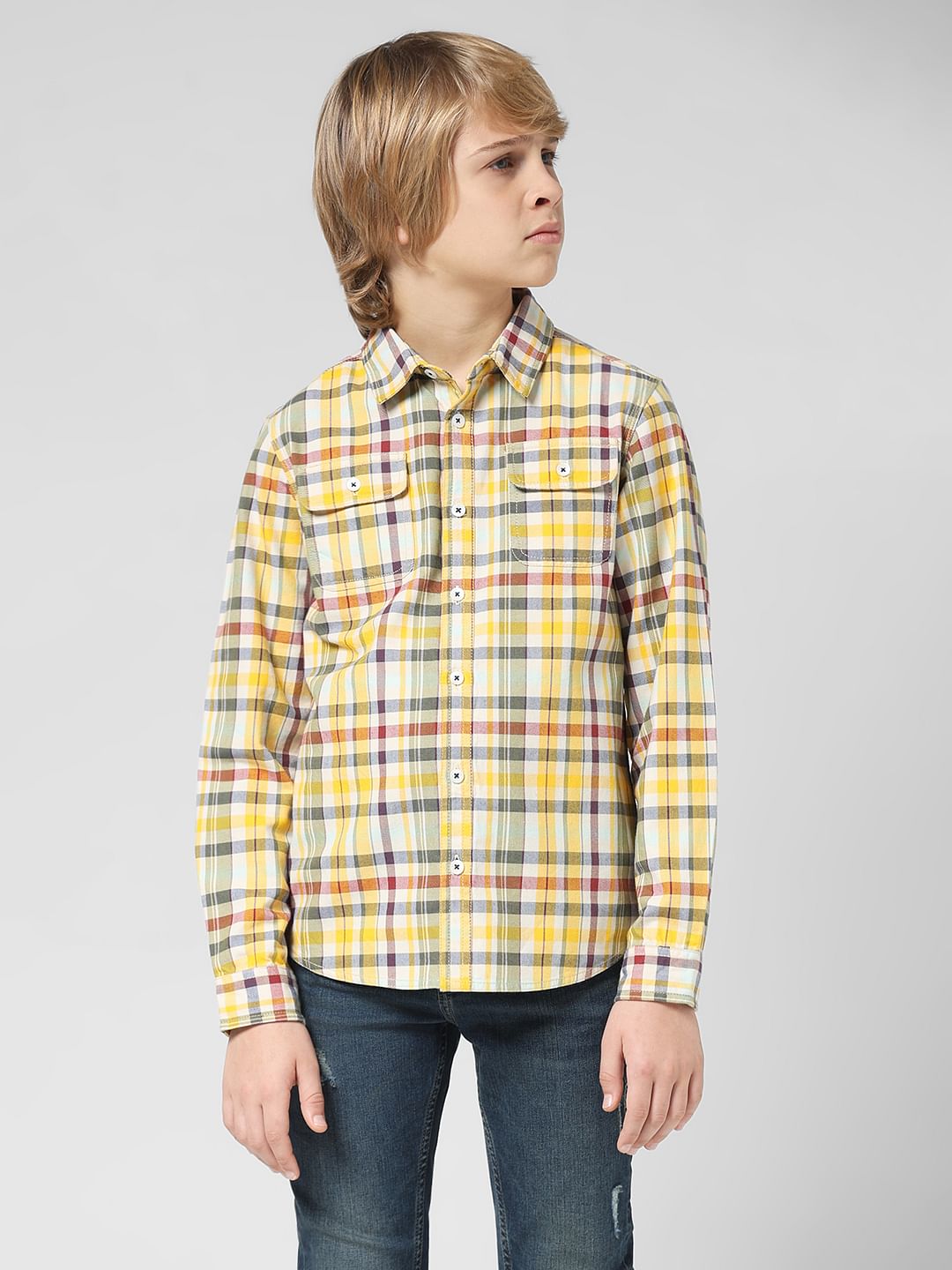 JUNIOR BOYS Yellow Check Full Sleeves Shirt