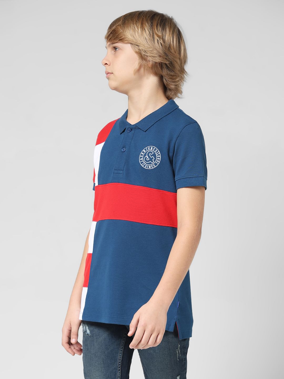 JUNIOR BOYS Blue Colourblocked Polo T-shirt