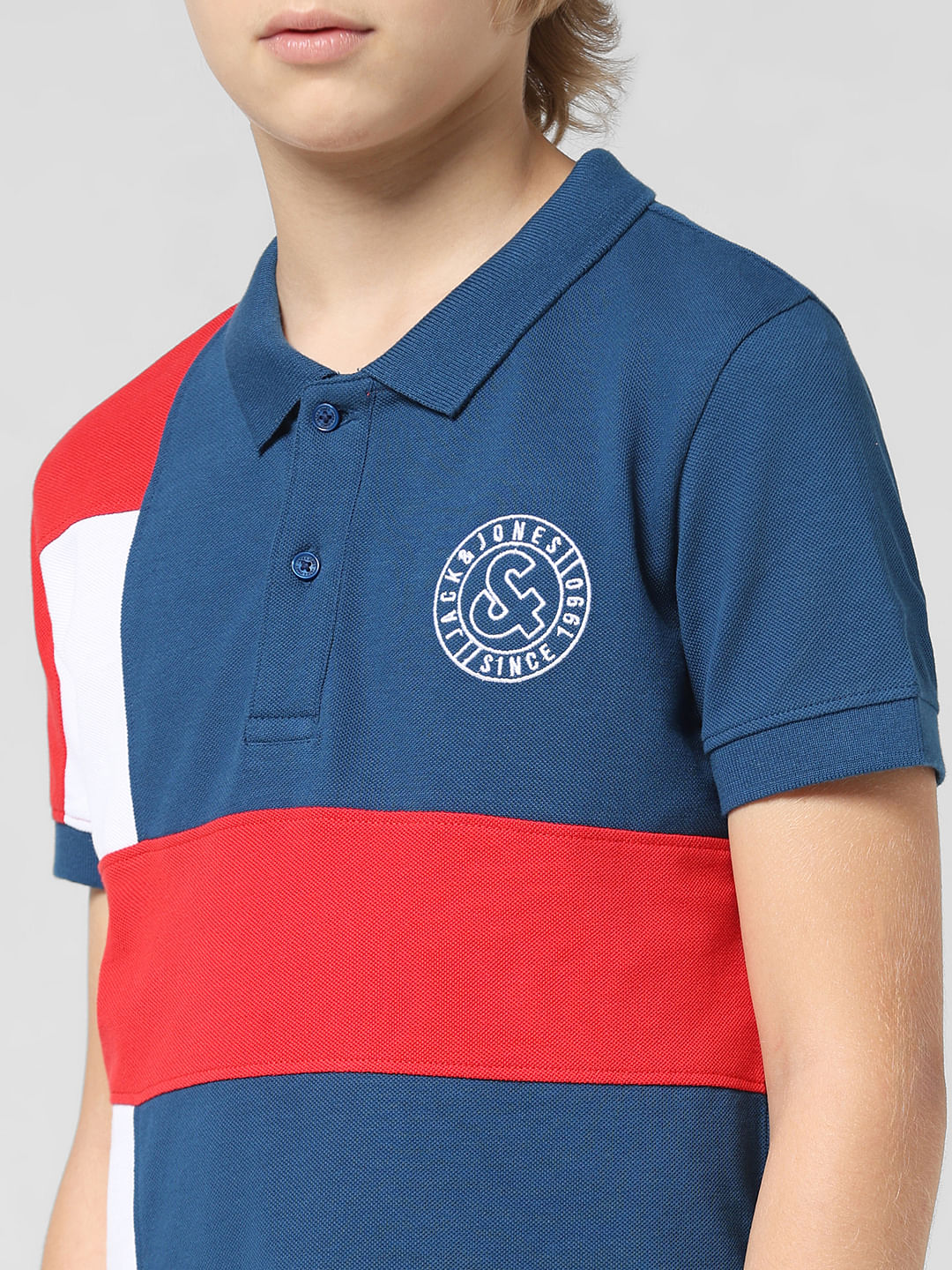 JUNIOR BOYS Blue Colourblocked Polo T-shirt
