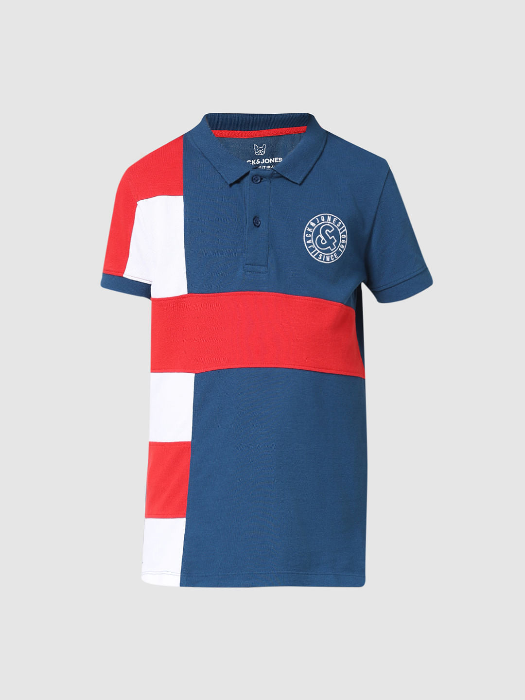JUNIOR BOYS Blue Colourblocked Polo T-shirt
