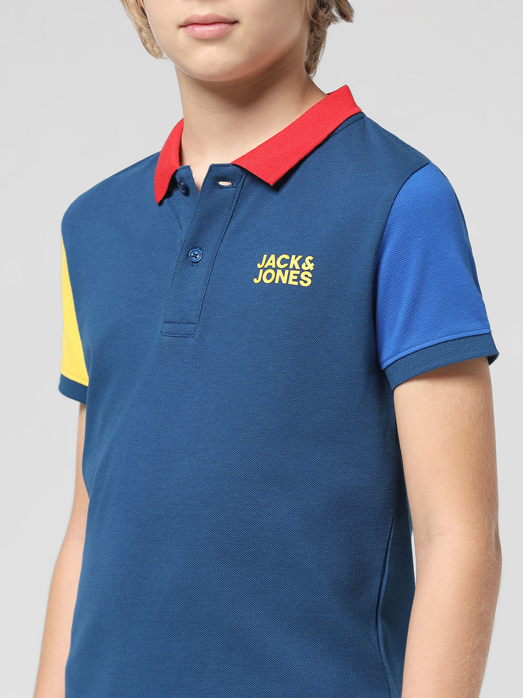 JUNIOR BOYS Blue Colourblocked Polo T-shirt