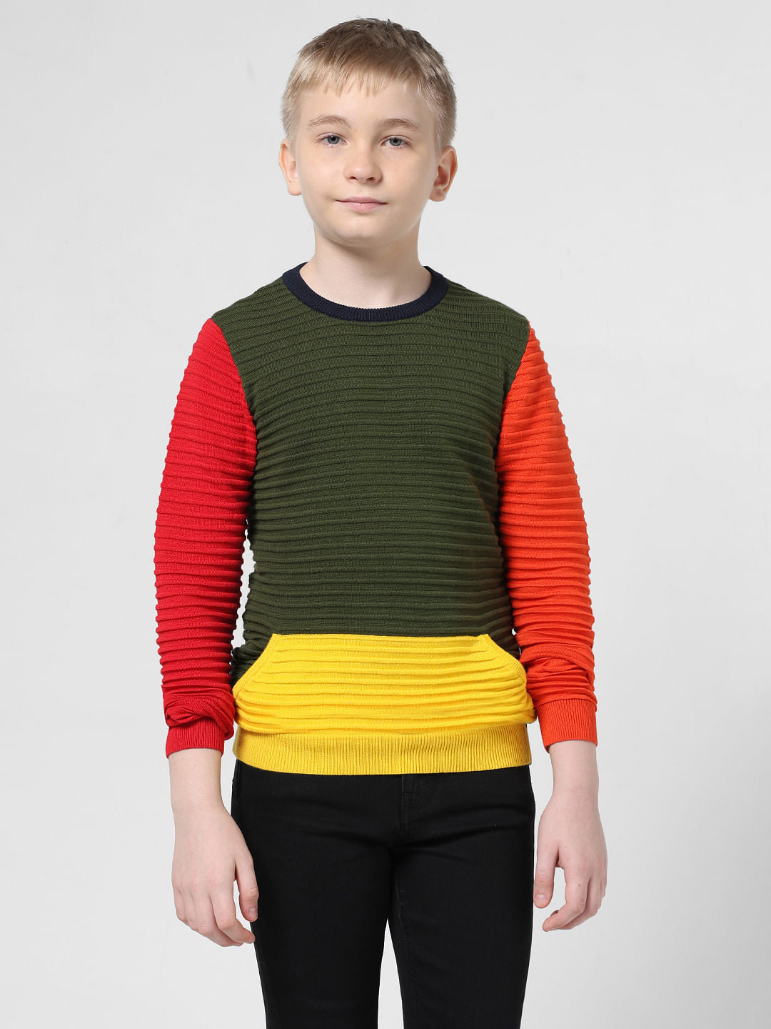 Green Colourblocked Ribbed Pullover