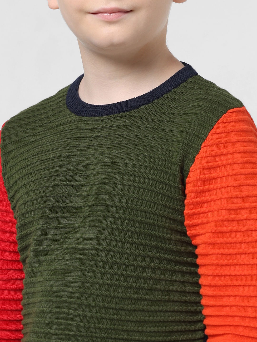 Green Colourblocked Ribbed Pullover