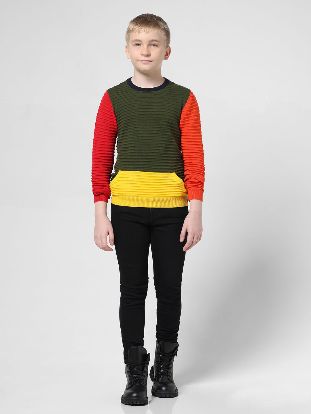 Green Colourblocked Ribbed Pullover