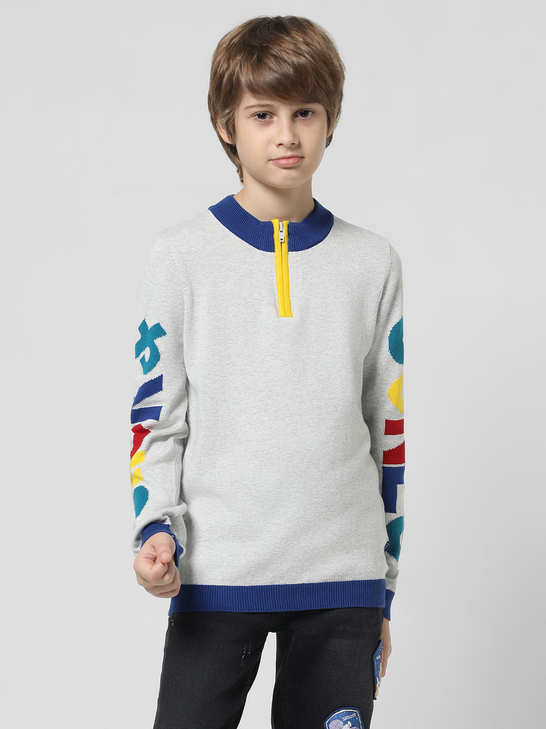 Grey Logo Print High Neck Pullover