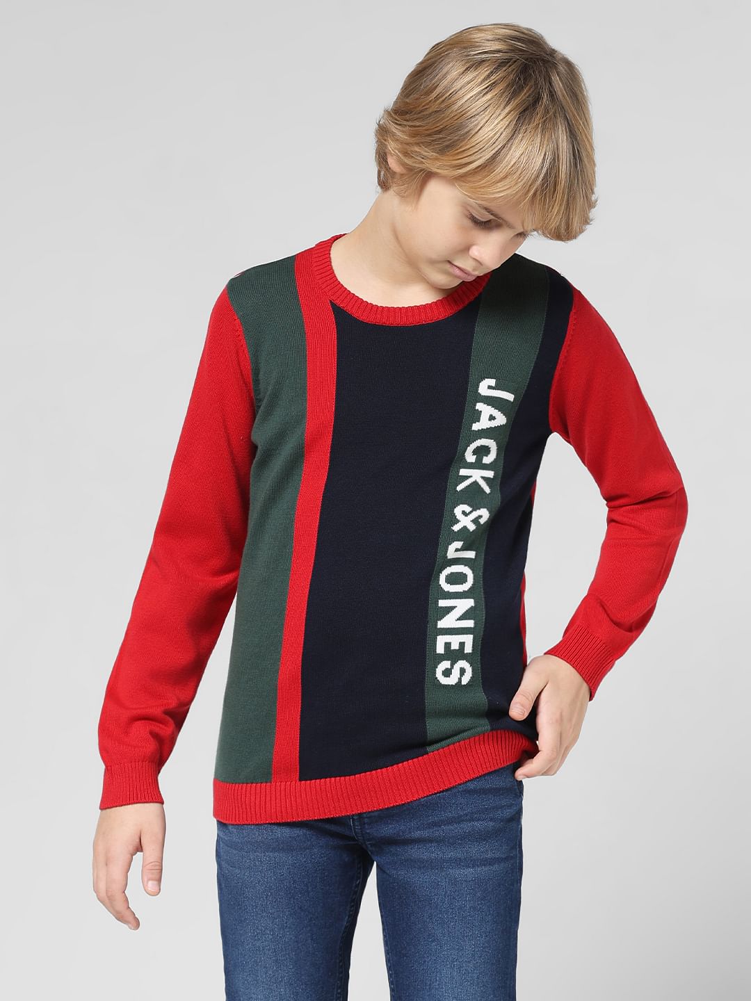 JUNIOR BOYS Red Striped Crew Neck Pullover