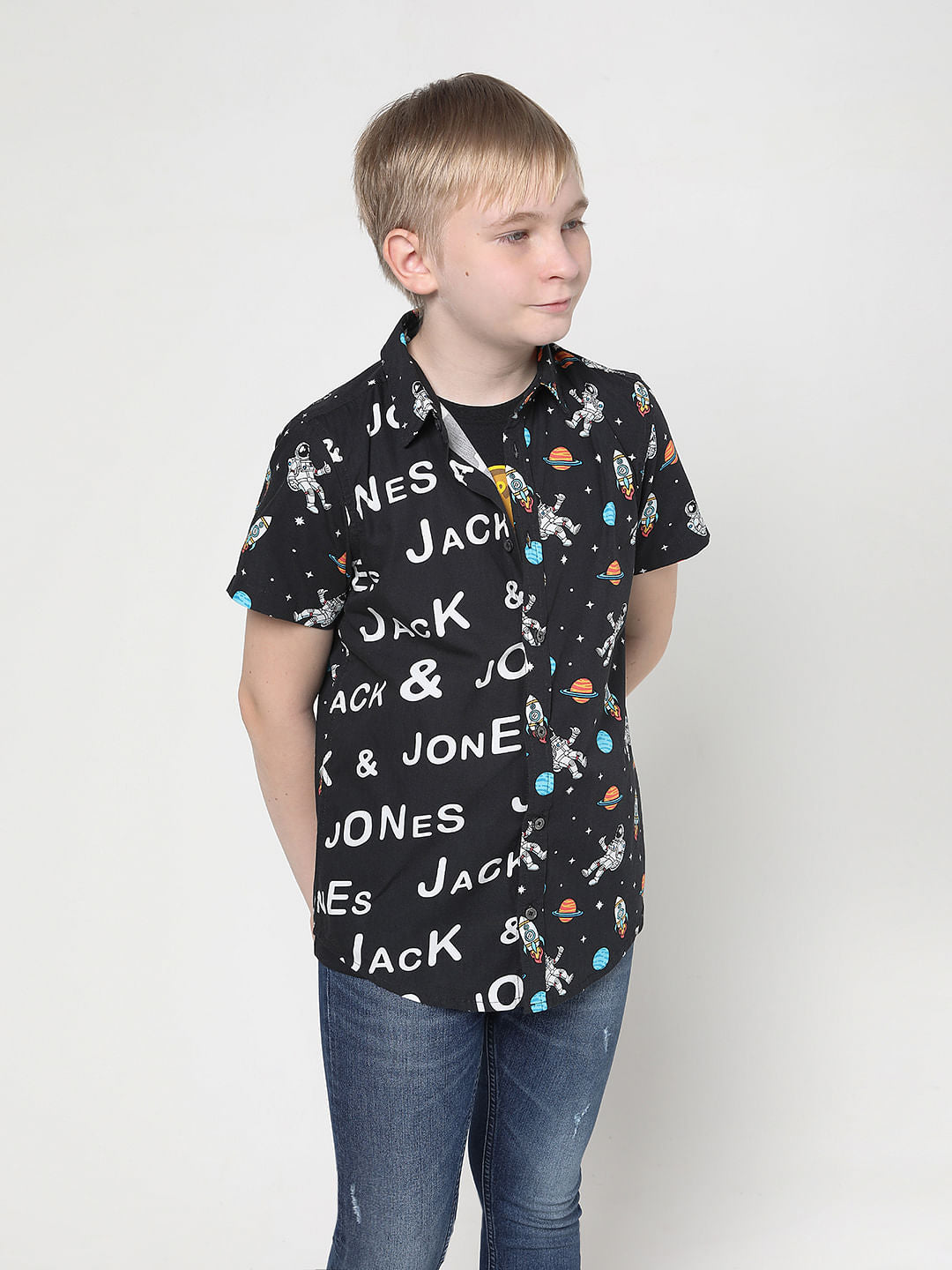 Boys Black Print Block Short Sleeves Shirt